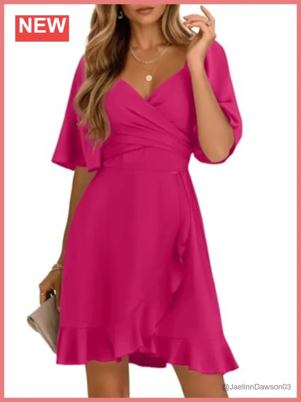 Wrap V Neck Short Flared Sleeve Wedding Guest Dress Smocked Elastic Waist - Picture 1 of 6